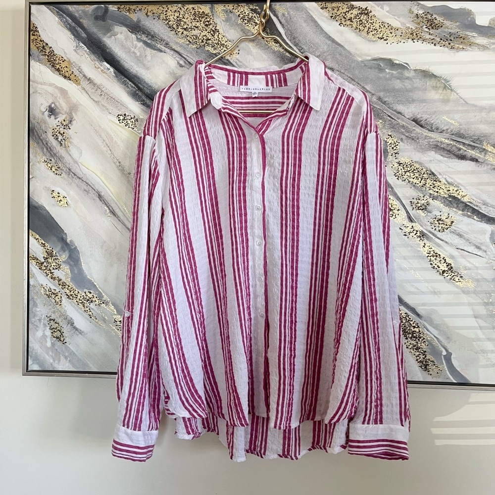 Jane + Delancey Oversized Striped Shirt Red White Casual Boho Chic XL Preppy